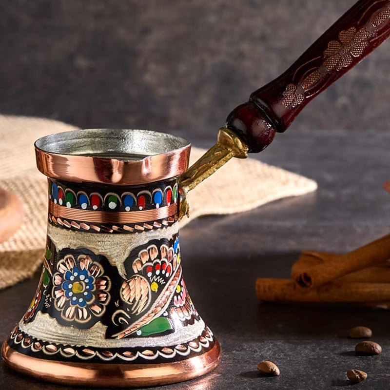 Vissmarta غلاية قهوة نحاسية يدوية الصنع تركية عربية مغربية فارسية لصنع القهوة والحليب، غلاية سيزفي للغلي والتدفئة على الموقد مع مقبض مكسيكي، تصميم عتيق قديم فاخر ريفي بأسلوب رجعي زخرفي كهدية. - Image 1