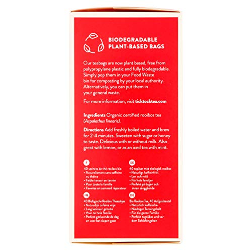 TICK TOCK TEAS Organic Rooibos Tea Bags - Naturally Caffeine Free Red Bush Herbal Tea from South Africa | Smooth & Rich Flavor, Low Tannin, Enjoy Hot or Iced with Milk, Lemon, or Honey - 40 Count (4 Pack) - Image 4
