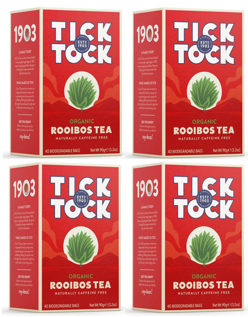 TICK TOCK TEAS Organic Rooibos Tea Bags - Naturally Caffeine Free Red Bush Herbal Tea from South Africa | Smooth & Rich Flavor, Low Tannin, Enjoy Hot or Iced with Milk, Lemon, or Honey - 40 Count (4 Pack) - Image 1