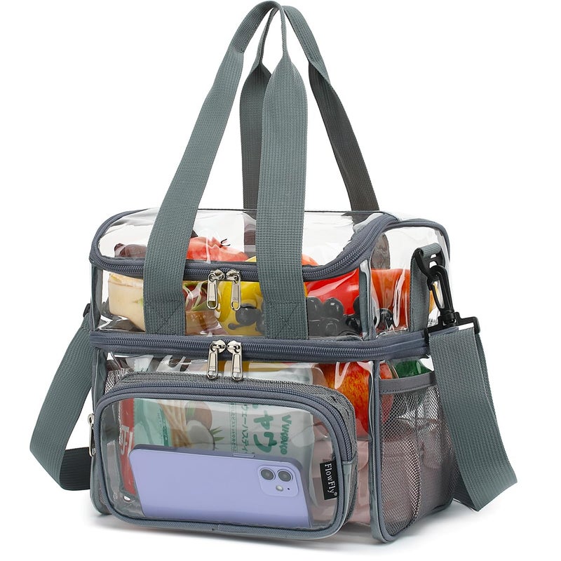 FlowFly Clear Bag Double Decker for Stadium Events With Shoulder Strap for Women Men Large and Reusable Lunch Container Work and Sporting Events Travel Transparent Tote Bag ClearGrey
