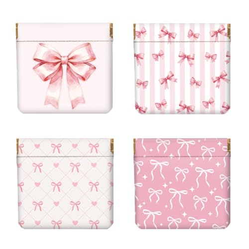 Peacoblue 4Pcs Small Leather Squeeze Coin Purse for Women-Cute Pink Bow Pattern Waterproof & Durable Snap Closure Change Pouch Mini Money Wallet Bag for Adult Teen Girls Best Gift - Image 1
