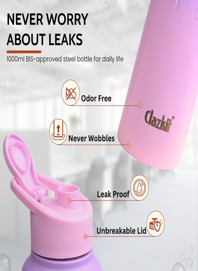 Clazkit Dual Colored Stainless Steel Water Bottle |ISI Certified Leakproof, Durable for School Kids, Fridge, Sports, Gym, Yoga & Office – Easy to Clean & Reusable-1000ml - Pink - Image 3