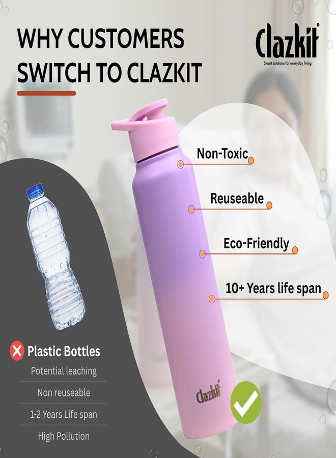Clazkit Dual Colored Stainless Steel Water Bottle |ISI Certified Leakproof, Durable for School Kids, Fridge, Sports, Gym, Yoga & Office – Easy to Clean & Reusable-1000ml - Pink - Image 5