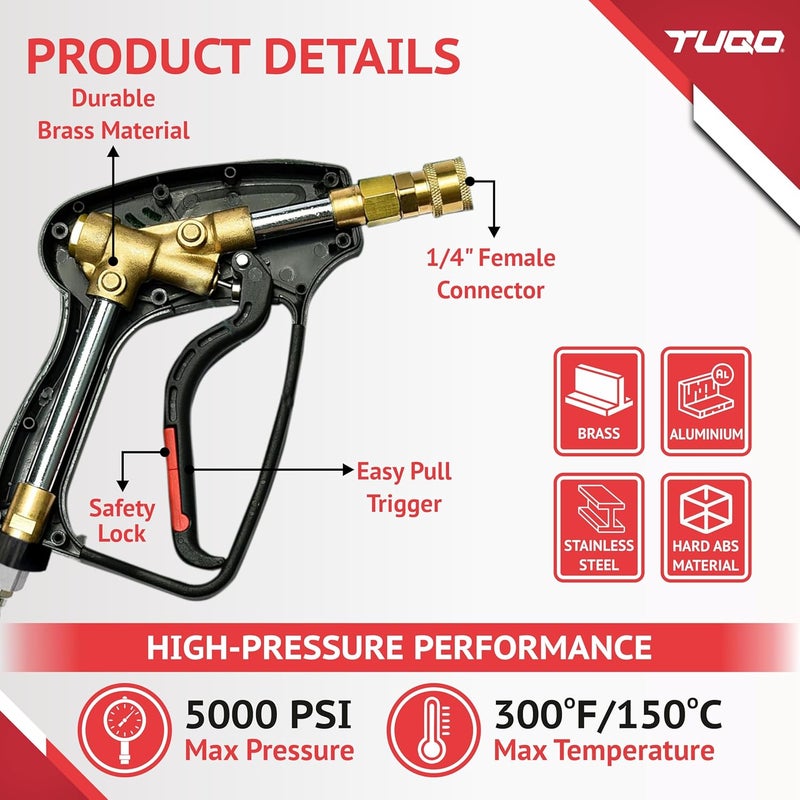 TUQO High Pressure Washer Short Gun - 3/8" Male Plug and 1/4” Quick Connector Coupler - Power Washer Gun Compatible with Foam Cannon | 5000 PSI | With 4Pcs Nozzle Set | HG256 - Image 4