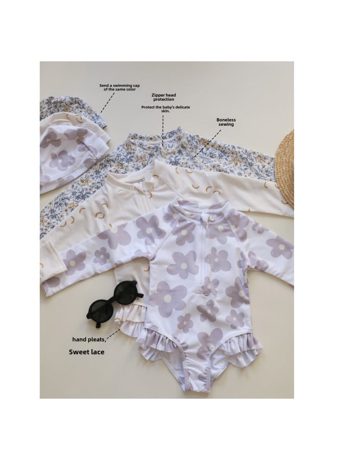 Girl's Ins Floral-print Swimsuit Girl's Baby Sunscreen Quick-drying Children's Swimwear Baby Hot Spring Swimsuit-Color:(pre-sale) Rc Zipper Swimsuit Beige Banana- - Image 3
