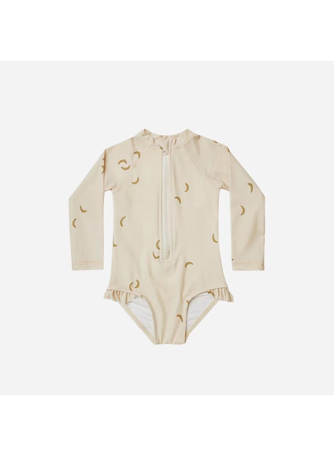 Girl's Ins Floral-print Swimsuit Girl's Baby Sunscreen Quick-drying Children's Swimwear Baby Hot Spring Swimsuit-Color:(pre-sale) Rc Zipper Swimsuit Beige Banana- - Image 1