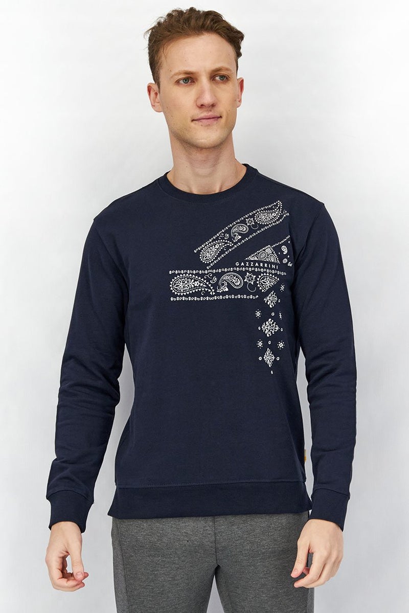 Gazzarrini Men Crew Neck Paisley Print Sweatshirt, Navy - Image 1