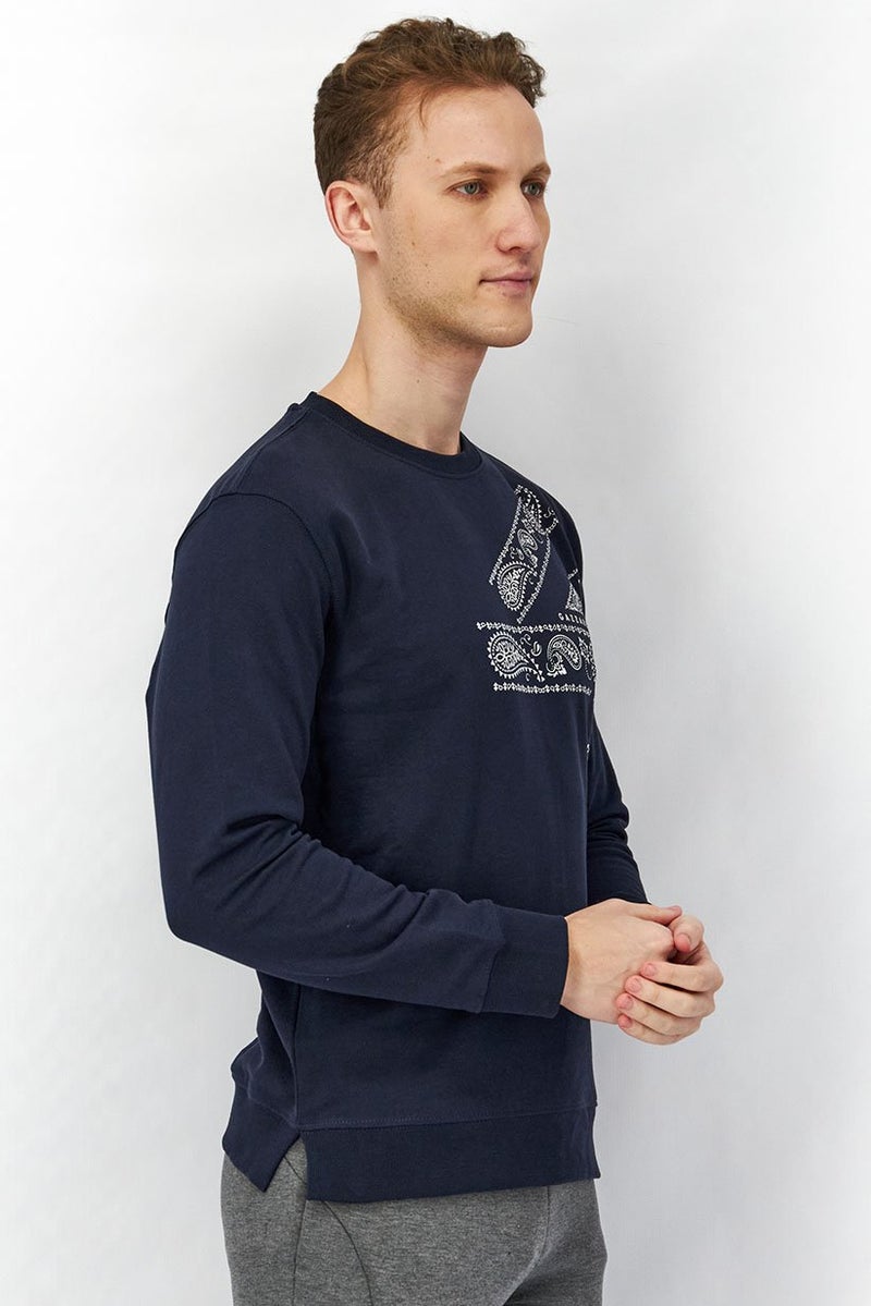Gazzarrini Men Crew Neck Paisley Print Sweatshirt, Navy - Image 3