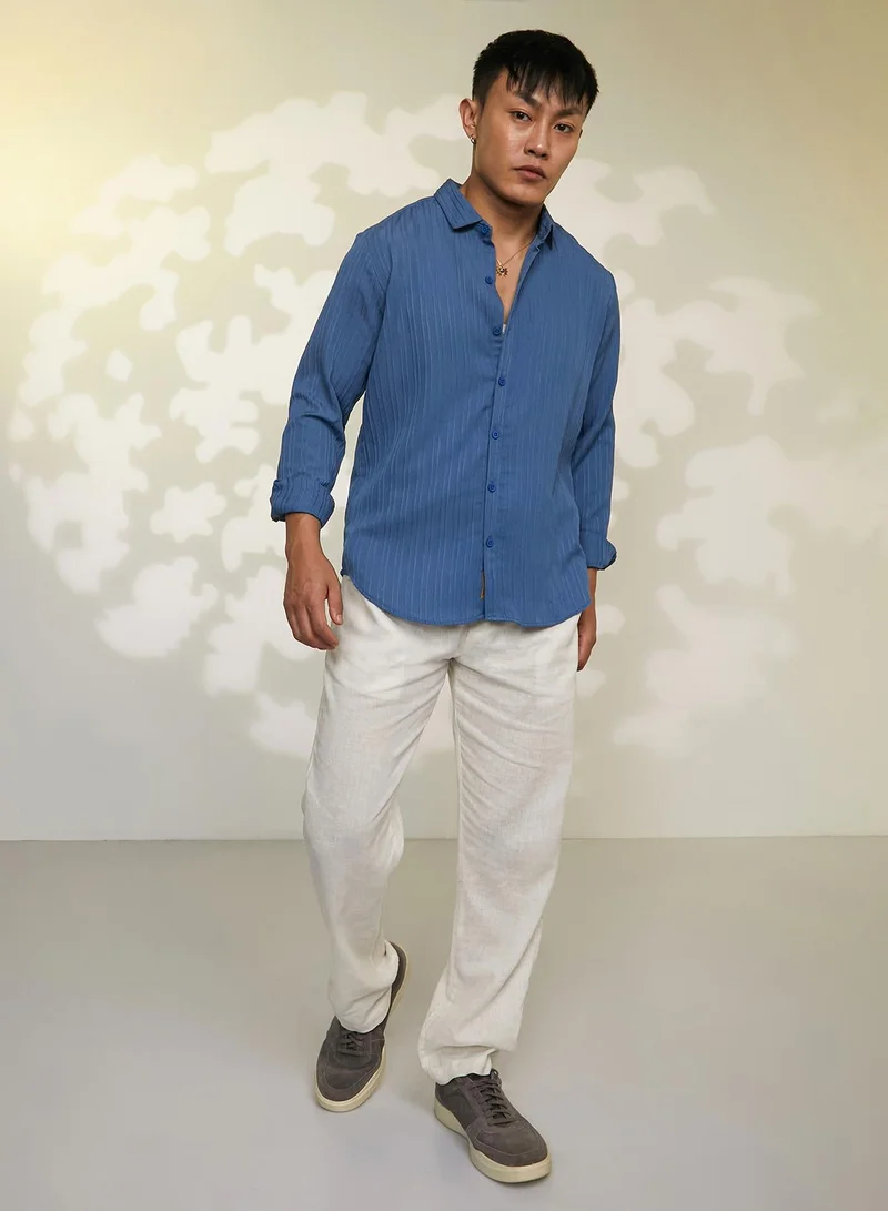CAHOOT  Men's Lapis Blue Self-Design Striped Shirt for Men | Best Price UAE