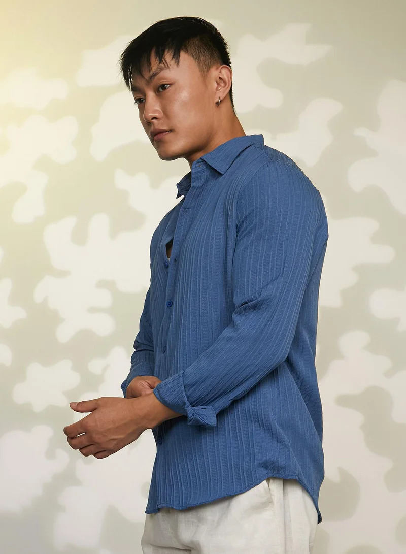 CAHOOT  Men's Lapis Blue Self-Design Striped Shirt for Men | Best Price UAE