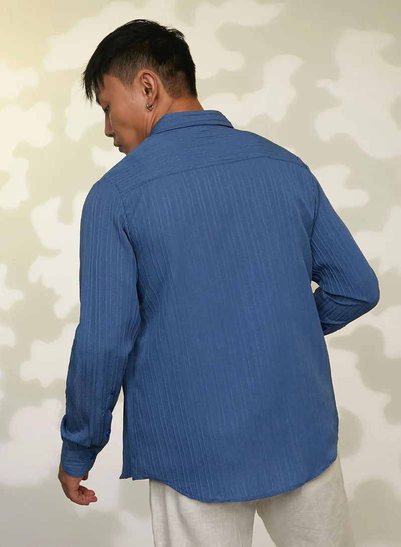 CAHOOT  Men's Lapis Blue Self-Design Striped Shirt for Men | Best Price UAE