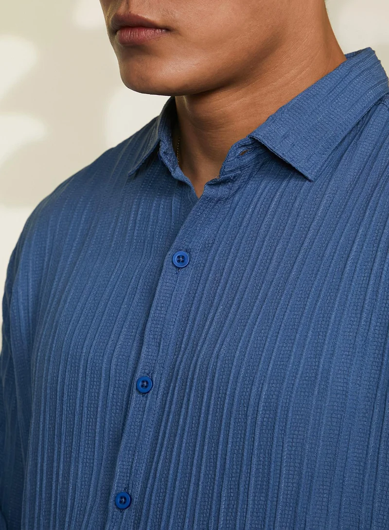 CAHOOT  Men's Lapis Blue Self-Design Striped Shirt for Men | Best Price UAE