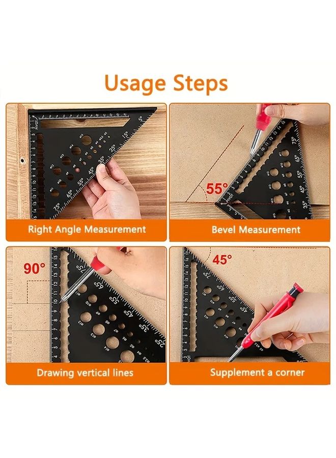 7 Inch Red Metric Inch Multifunctional Triangle Ruler with Circle Thickened Metal Woodworking Measuring Tool - Image 5