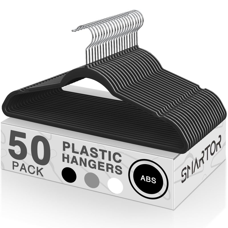 SMARTOR Plastic Hangers 50 Pack, Heavy Duty Plastic Hangers for Clothes - Non-Velvet Slim Hangers with 360Â° Swivel Hook & Clothes Thin Hanger - Durable Coat Hangars, Space Saving Hanger - Black - Image 1