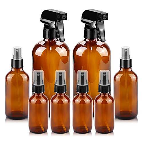 Worldgsb Glass Spray Bottles, 16oz*2+4oz*2+2oz*4 Refillable Containers, Empty Boston Round Bottles with Adjustable Nozzle for Cleaning, Gardening, Aromatherapy, Pets, Plant, Hair -Amber - Image 1