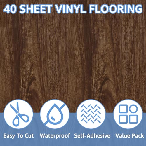 AKOLAFE 40 Sheet Vinyl Flooring 12 x 12 Peel and Stick Floor Tile Waterproof Dark Wood Vinyl Floor Tiles Clearance Self Adhesive Floor Tiles Sticky Laminate Flooring Stick on Bathroom Kitchen Basement - Image 3