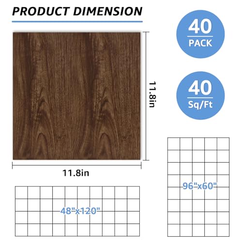 AKOLAFE 40 Sheet Vinyl Flooring 12 x 12 Peel and Stick Floor Tile Waterproof Dark Wood Vinyl Floor Tiles Clearance Self Adhesive Floor Tiles Sticky Laminate Flooring Stick on Bathroom Kitchen Basement - Image 2