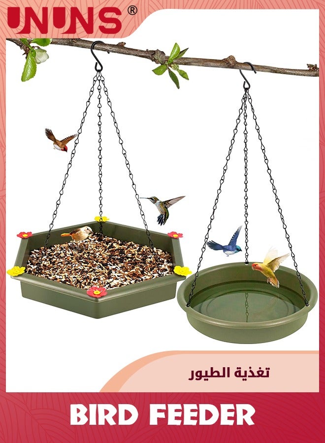 UNUNS وحدة تغذية الطيور المعلقة، قطعتان من حمام الطيور المعلق، وحدة تغذية الطيور المعلقة 2 في 1 للحمام الخارجي، لوحة تغذية الطيور للحديقة، باللون الأخضر - Image 1