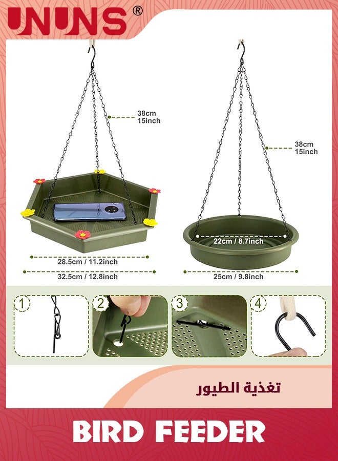 UNUNS وحدة تغذية الطيور المعلقة، قطعتان من حمام الطيور المعلق، وحدة تغذية الطيور المعلقة 2 في 1 للحمام الخارجي، لوحة تغذية الطيور للحديقة، باللون الأخضر - Image 2