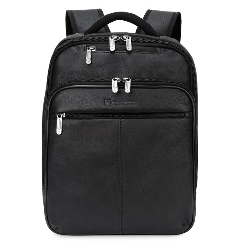 Alpine Swiss Olsen 13 Laptop Travel Backpack Genuine Leather Slim Business Travel Carry On Daypack Black - Image 2