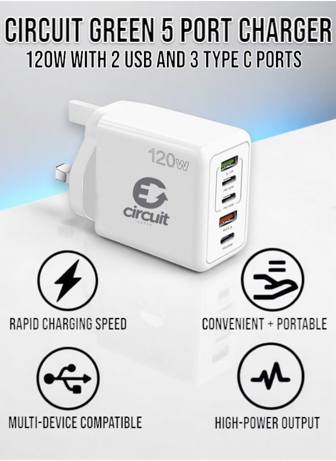 دائرة خضراء - 120 واط شاحن سريع PD QC 3.0 Type C (أبيض)، 5 منافذ USB A و USB C متوافق مع سامسونج جالاكسي S23/S22، ايفون 15/14/13 برو ماكس، ماك بوك، ايباد، لابتوبات، ون بلس - Image 1
