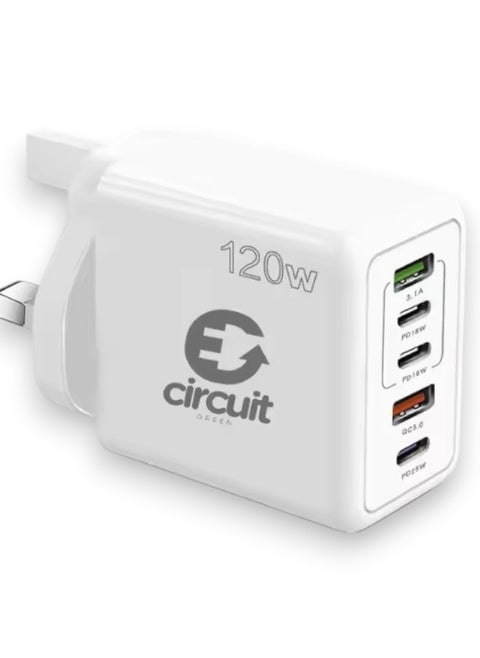 محول شاحن USB من النوع C PD QC 3.0 بقوة 120 وات (أبيض)، موزع شحن USB A وUSB C بخمسة منافذ متوافق مع iPhone 15/14/13 Pro Max وSamsung Galaxy S23/S22 وiPad وOnePlus وPixel وAirPods والمزيد