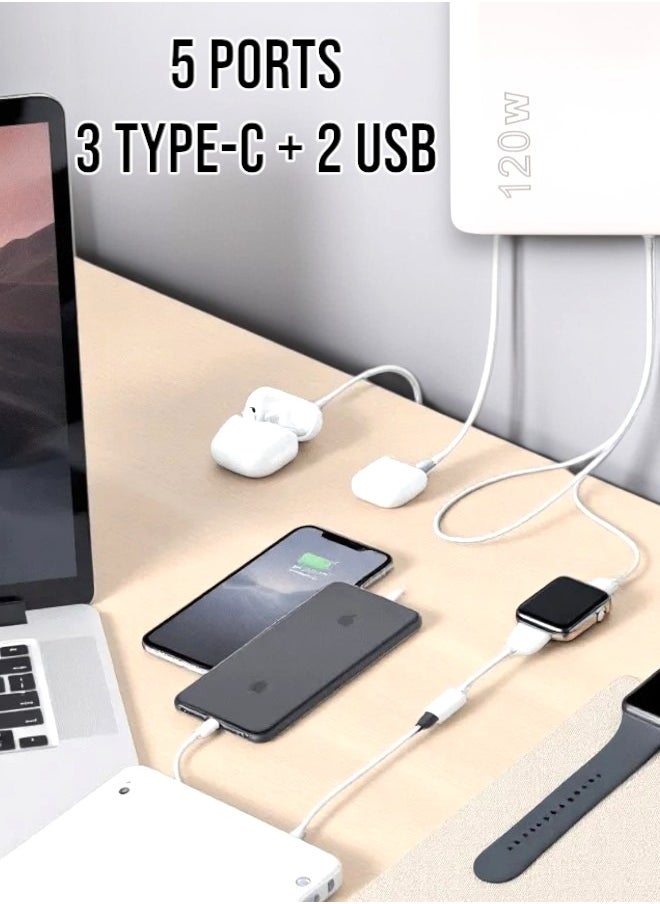 دائرة خضراء - 120 واط شاحن سريع PD QC 3.0 Type C (أبيض)، 5 منافذ USB A و USB C متوافق مع سامسونج جالاكسي S23/S22، ايفون 15/14/13 برو ماكس، ماك بوك، ايباد، لابتوبات، ون بلس - Image 1
