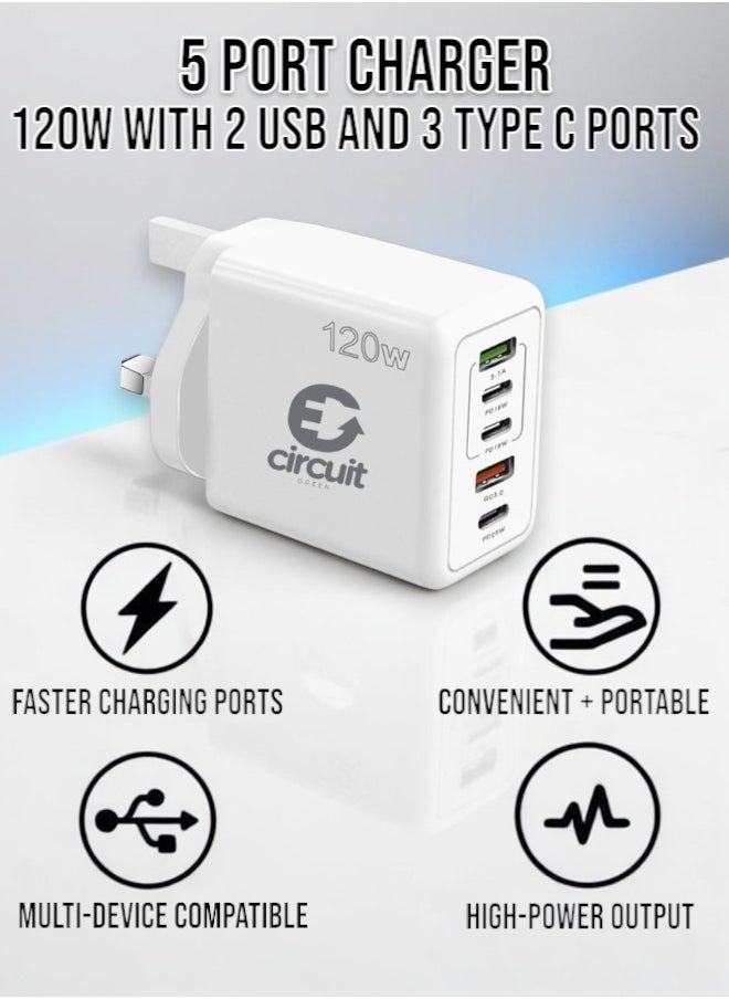 Circuit Green - 120W PD QC 3.0 Type C USB Charger Adapter (White), 5-Port USB A & USB C Charging Hub Compatible with iPhone 15/14/13 Pro Max, Samsung Galaxy S23/S22, iPad, OnePlus, Pixel, AirPods & More - Image 1