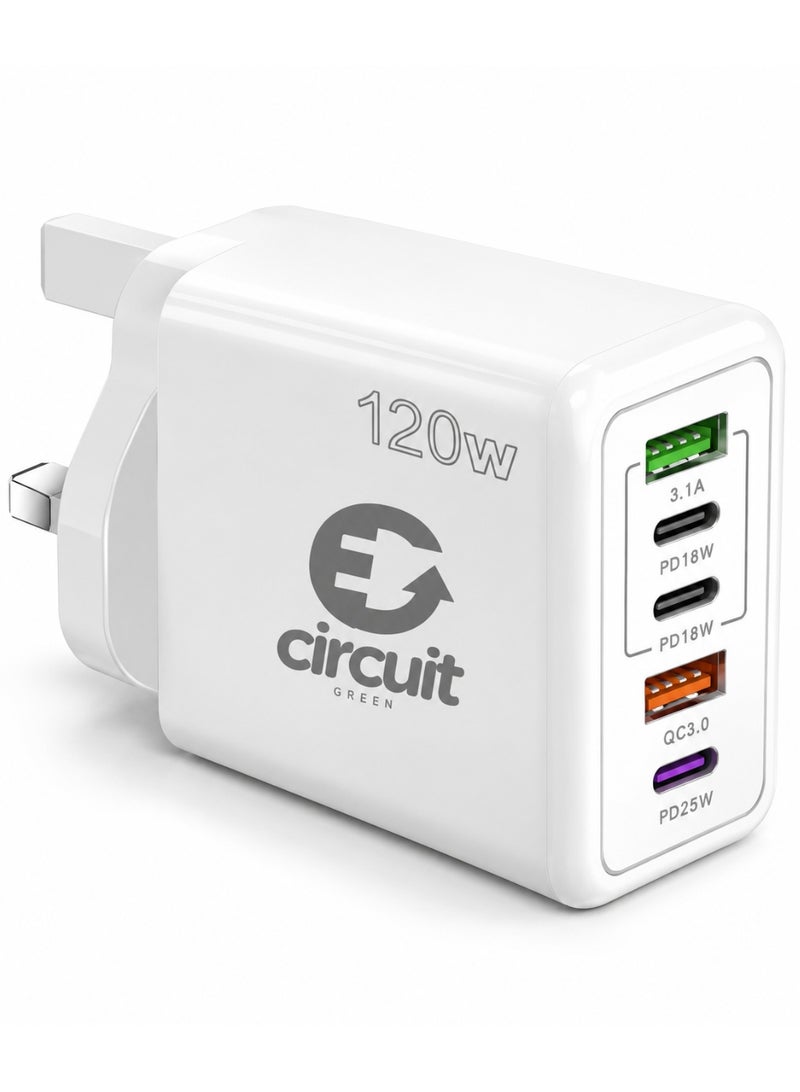 Circuit Green 120W PD QC 3.0 Type C USB Charger Adapter (White), 5-Port USB A & USB C Charging Hub Compatible with iPhone 15/14/13 Pro Max, Samsung Galaxy S23/S22, iPad, OnePlus, Pixel, AirPods & More - Image 1