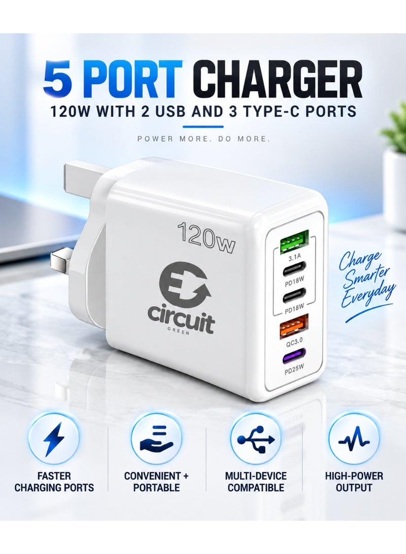 Circuit Green 120W PD QC 3.0 Type C USB Charger Adapter (White), 5-Port USB A & USB C Charging Hub Compatible with iPhone 15/14/13 Pro Max, Samsung Galaxy S23/S22, iPad, OnePlus, Pixel, AirPods & More - Image 2