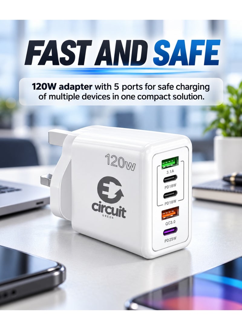Circuit Green 120W PD QC 3.0 Type C USB Charger Adapter (White), 5-Port USB A & USB C Charging Hub Compatible with iPhone 15/14/13 Pro Max, Samsung Galaxy S23/S22, iPad, OnePlus, Pixel, AirPods & More - Image 4