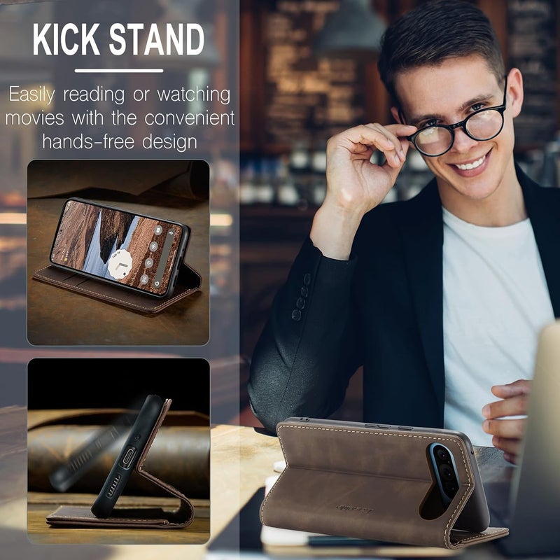 Cracedily Case for Google Pixel 9 Pro XL Case, Premium Leather Flip Wallet Case with Card Slots and Horizontal Stand Function Magnet Coque Cover Protective Case for Pixel 9 Pro XL, Brown - Image 5