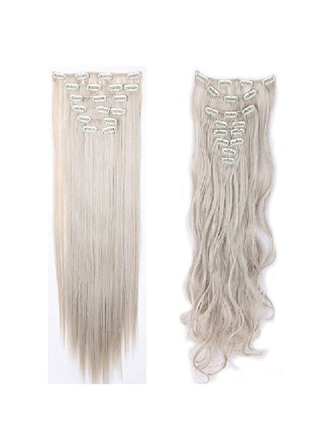 S-noilite - ® 26" Long Straight Curly 8 Pieces Clip In On Hair Extensions (Ash Blonde Mix Silver Grey) Full Head Set Thick Hairpiece Synthetic Hair Extensions For Girl Lady Women Usa Local Post - Image 1