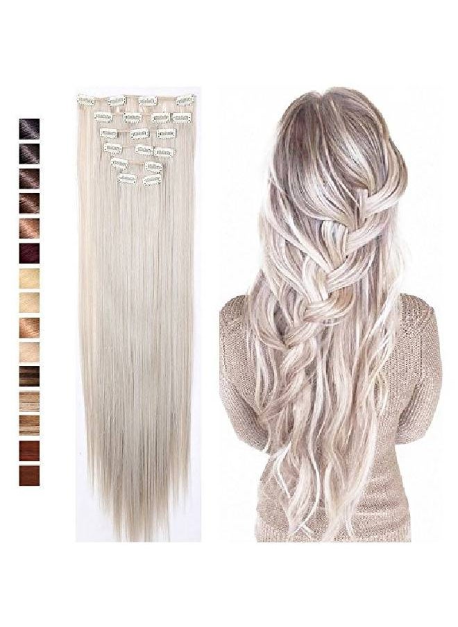 S-noilite - ® 26" Long Straight Curly 8 Pieces Clip In On Hair Extensions (Ash Blonde Mix Silver Grey) Full Head Set Thick Hairpiece Synthetic Hair Extensions For Girl Lady Women Usa Local Post - Image 1