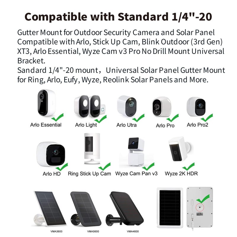 Tonton Gutter Mount for Solar Panel and Outdoor Security Camera Compatible with Ring, Arlo, Eufy, Wyze, Reolink, Google Nest, Blink, Standard 1/4"-20 Mount, Up & Down Version Universal Bracket (White) - Image 3