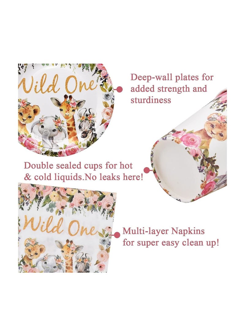 Y&D - Jungle Animal Party Supplies 63 PCS Wild One Reusable Tableware Plates Paper Cups Napkins Tablecloth Straws Pennants Forks Set for Girls Kids Birthday Baby Shower Dinner Dessert - Image 1