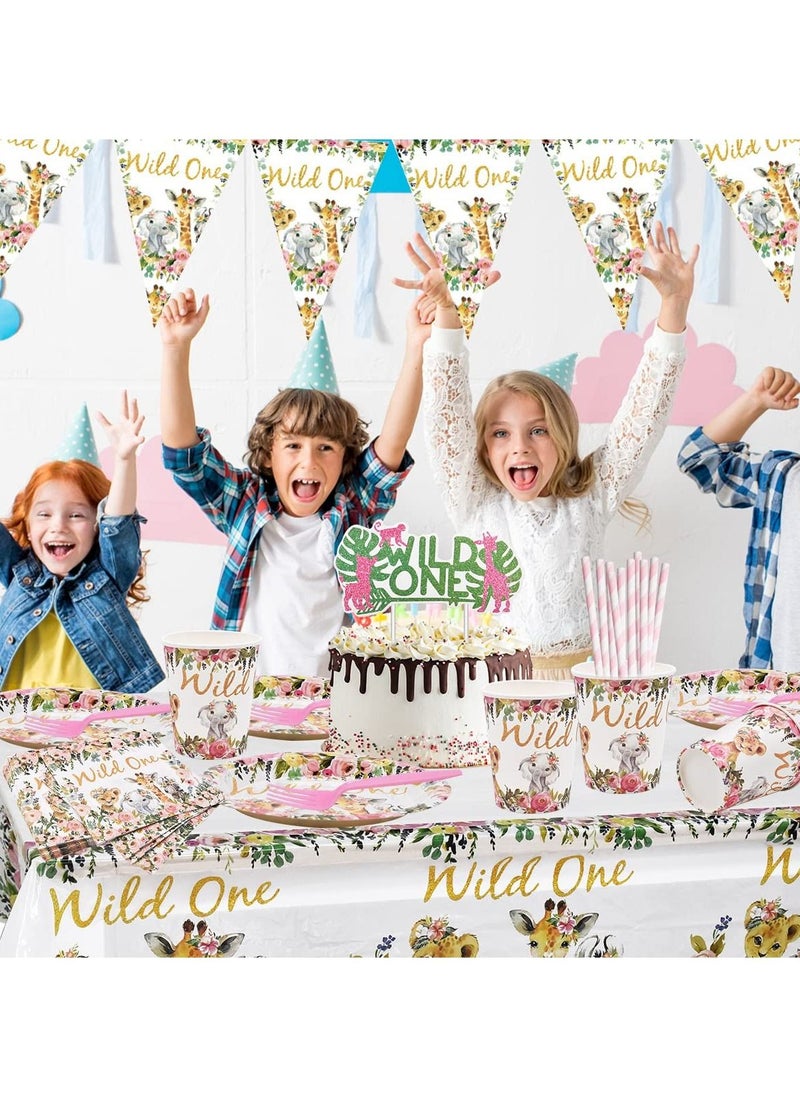 Y&D - Jungle Animal Party Supplies 63 PCS Wild One Reusable Tableware Plates Paper Cups Napkins Tablecloth Straws Pennants Forks Set for Girls Kids Birthday Baby Shower Dinner Dessert - Image 1