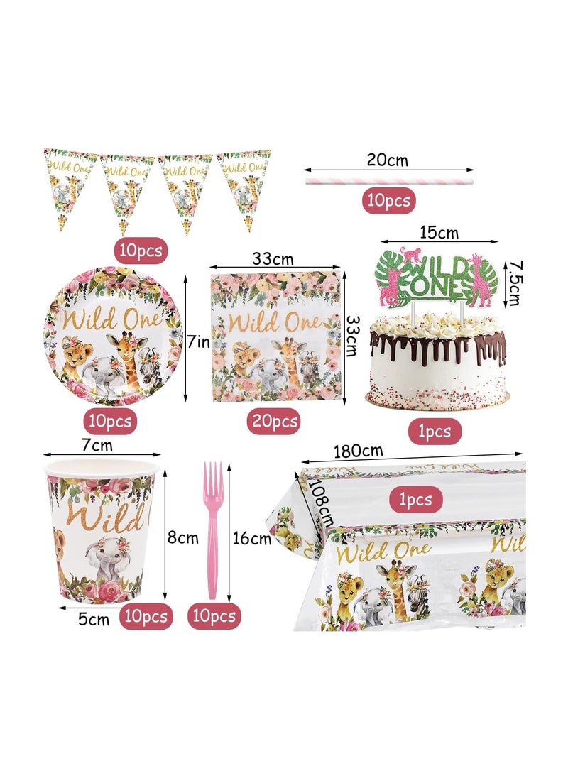 Y&D - Jungle Animal Party Supplies 63 PCS Wild One Reusable Tableware Plates Paper Cups Napkins Tablecloth Straws Pennants Forks Set for Girls Kids Birthday Baby Shower Dinner Dessert - Image 1