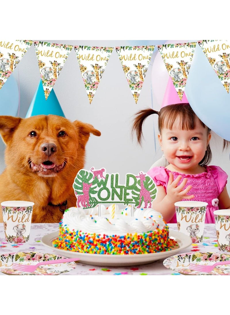 Y&D - Jungle Animal Party Supplies 63 PCS Wild One Reusable Tableware Plates Paper Cups Napkins Tablecloth Straws Pennants Forks Set for Girls Kids Birthday Baby Shower Dinner Dessert - Image 1
