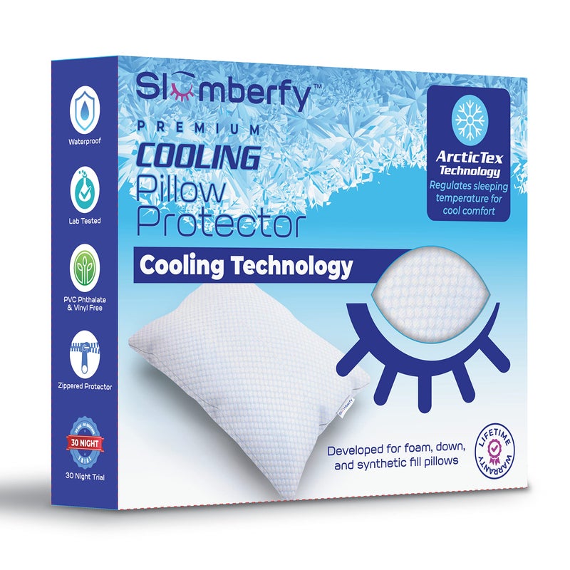 Queen Size Waterproof Cooling Pillow Protector by Slumberfy Premium SkinSafe Cover with Zipper Closure Natural Fabric with ArcticTex Cooling Technology Noiseless Pillowcase 20x30 in