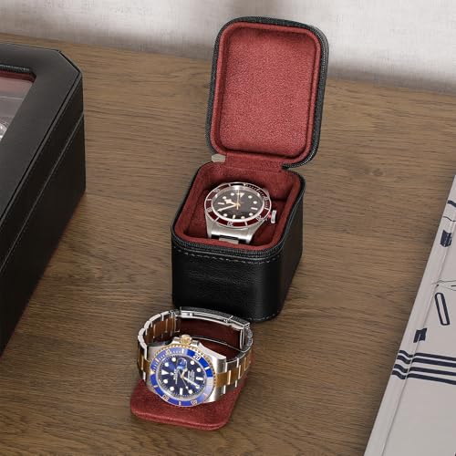 ROTHWELL Single Watch Travel Case | Compact PU Leather Protective Box with Microsuede Interior | Fits Watches & Smartwatches Up to 55mm (Black/Red) - Image 2