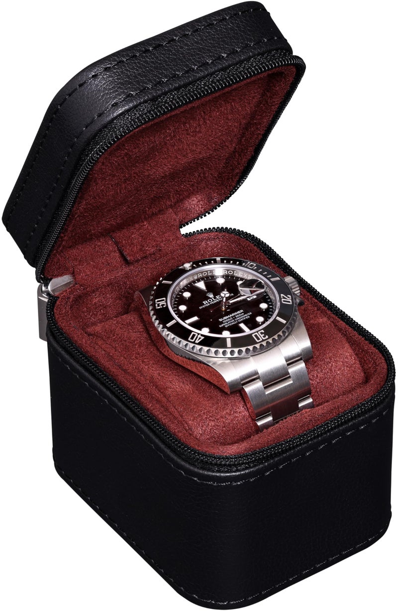 ROTHWELL Single Watch Travel Case | Compact PU Leather Protective Box with Microsuede Interior | Fits Watches & Smartwatches Up to 55mm (Black/Red) - Image 1