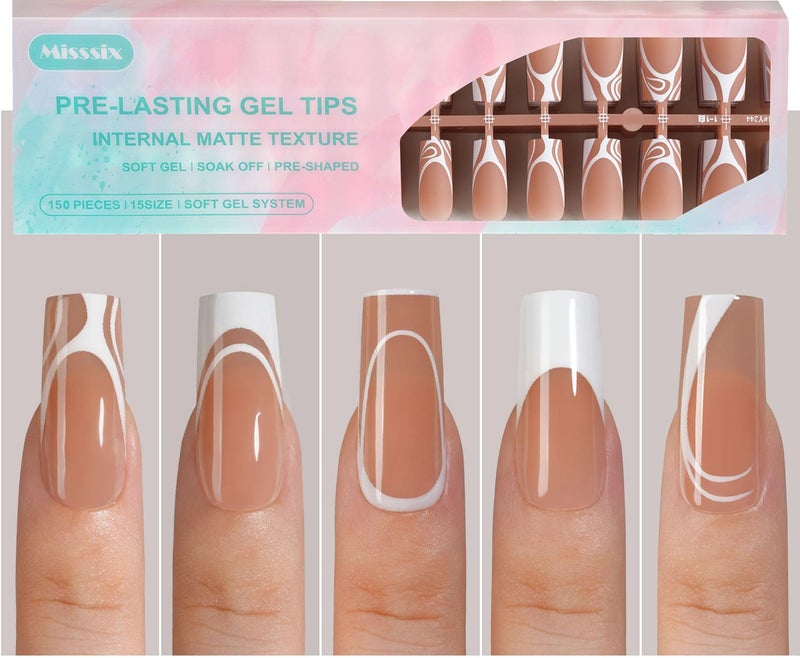 Misssix French Gel Nail Tips, 150Pcs French Tip Press on Nails Long Square Design, No Need to File Tips Pre-lasting, Fake Nails for Nail Art DIY 15 Sizes - Image 1