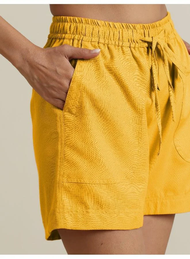 ترو برونز trueBrowns Yellow Cotton Blend Shorts With Drawstring