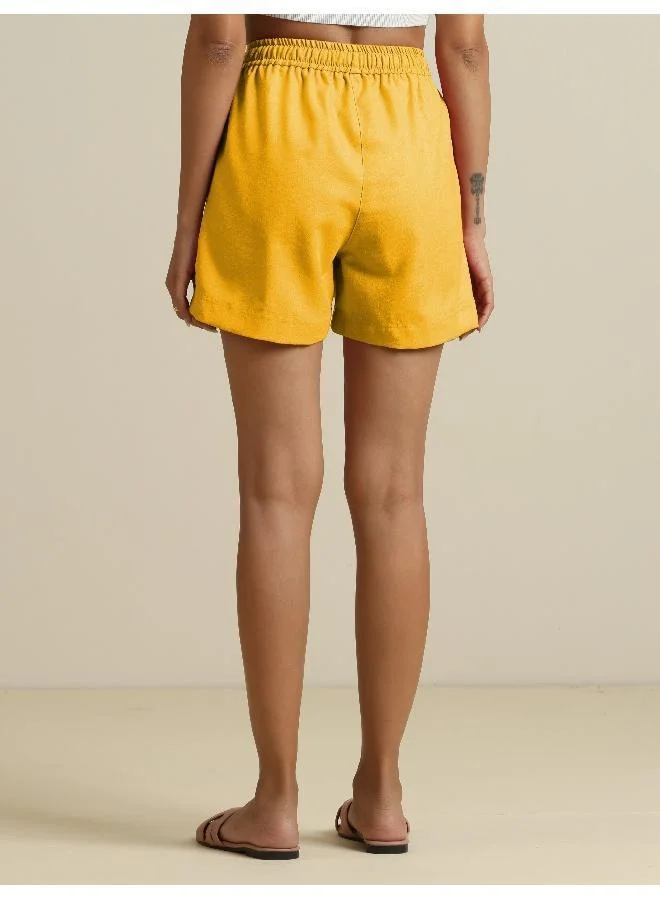 trueBrowns trueBrowns Yellow Cotton Blend Shorts With Drawstring