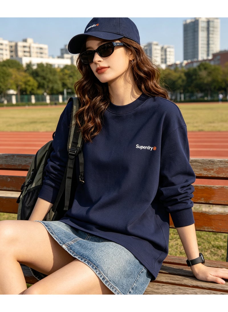 Superdry couple solid color round neck loose long sleeve T-shirt for men and women - Image 2
