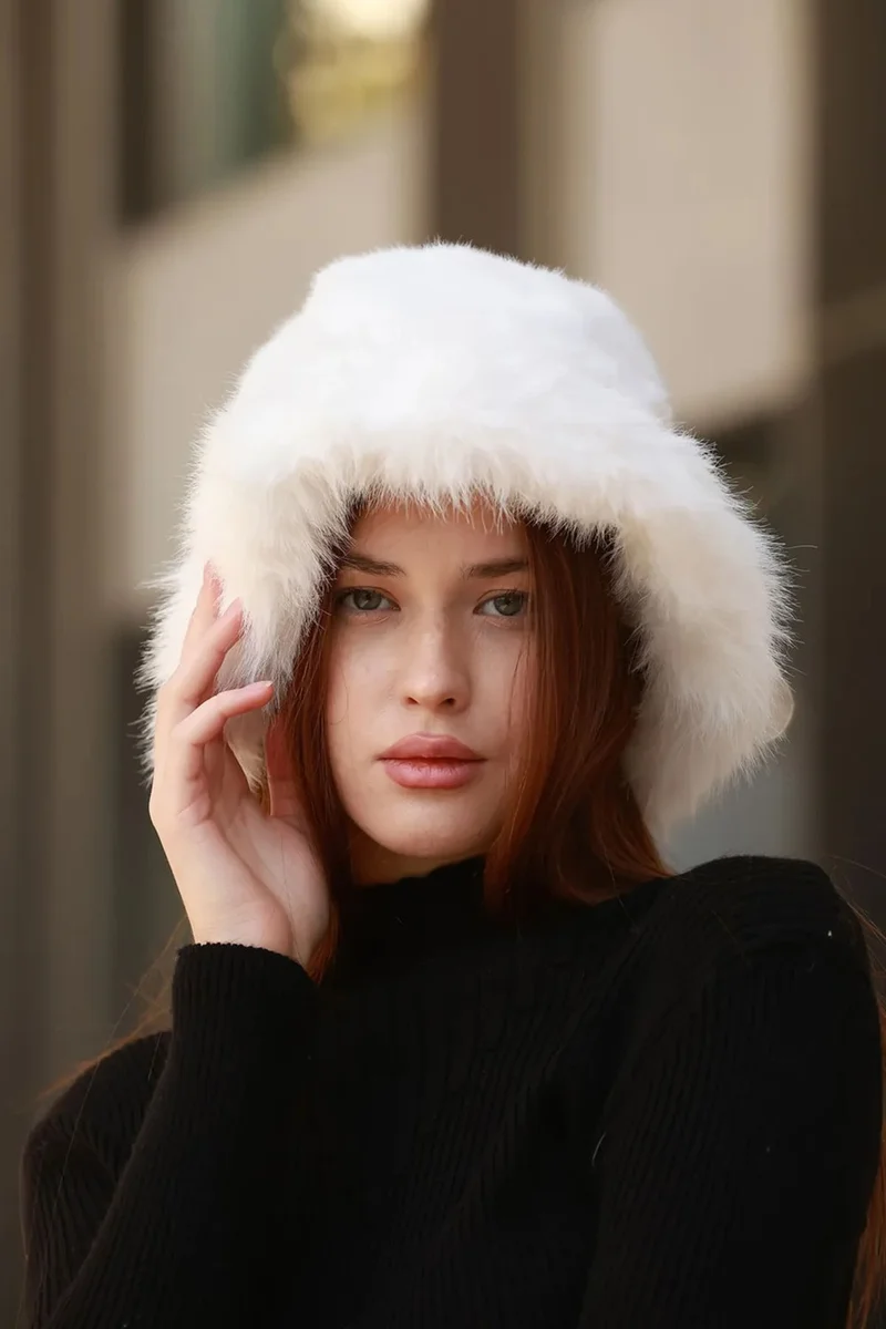 ريمسا Women's Plush Bucket Kalpak Hat Rkş-14 Ecru