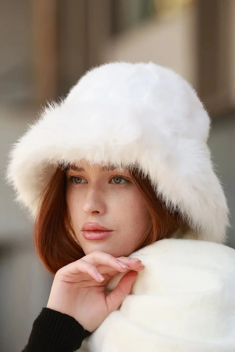 ريمسا Women's Plush Bucket Kalpak Hat Rkş-14 Ecru