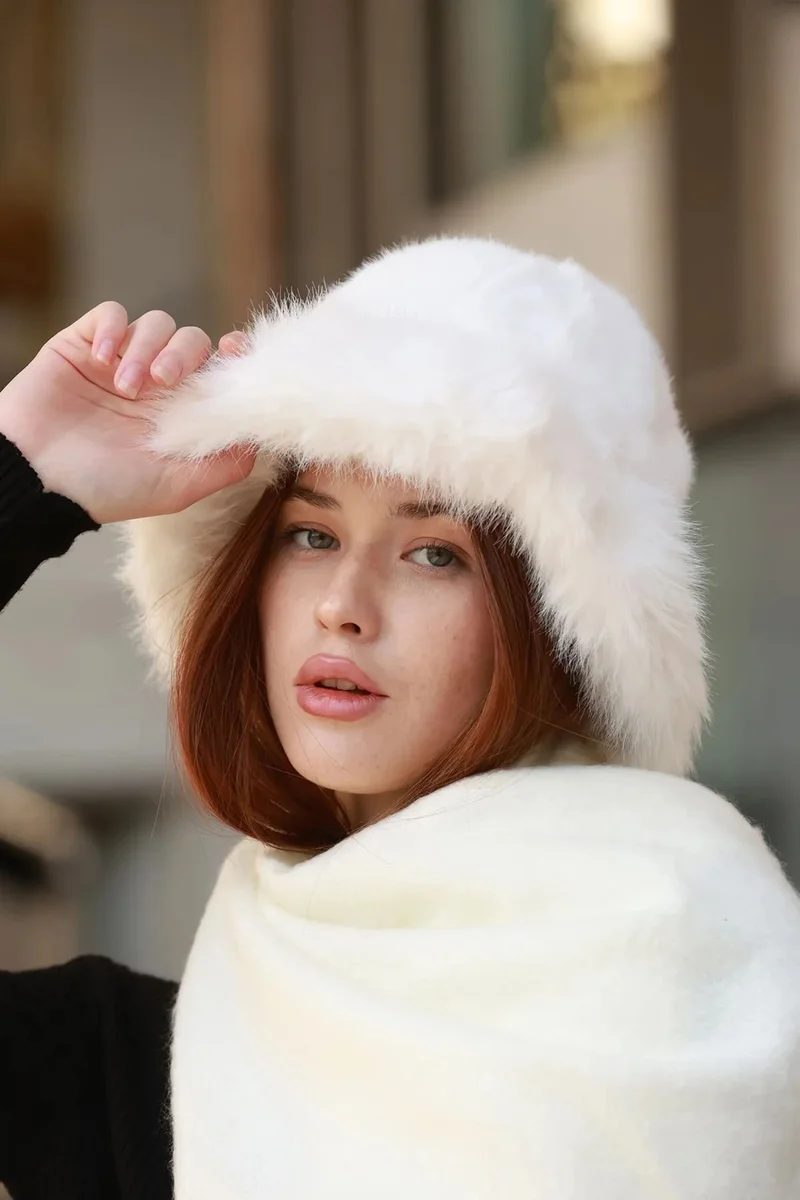ريمسا Women's Plush Bucket Kalpak Hat Rkş-14 Ecru