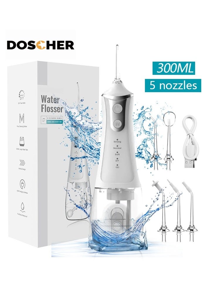 Portable Water Dental Flosser For Teeth Cleaning Dental Oral Irrigator With 4 Modes Scalable 5 Jet Nozzles IPX7 Water Resistance 300ML 